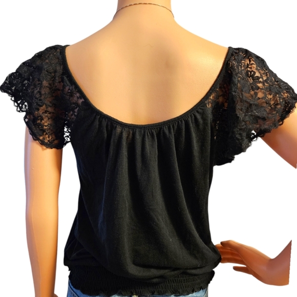 Womens y2k Lace Sleeve Tee w/Smocked Waist Sz M 2000s Fairygrunge Whimsigoth - Picture 5 of 11